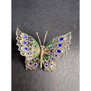 Vintage Alieti Adriana 800 silver Italian enameled filigree butterfly brooch pin